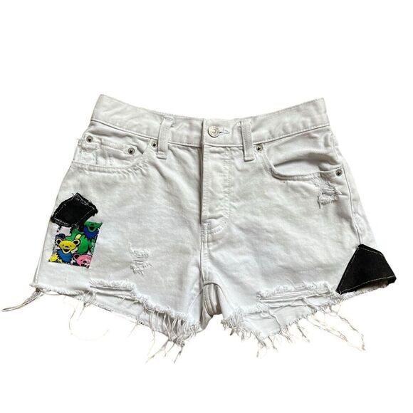 Upcycled High Rise Jean Shorts Reworked Grunge Concert Grateful Dead Bears S 25 - Picture 1 of 15